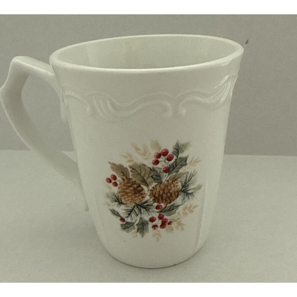 Gibson Grand Nobility Holiday Mug Pine cones Holly Berries White